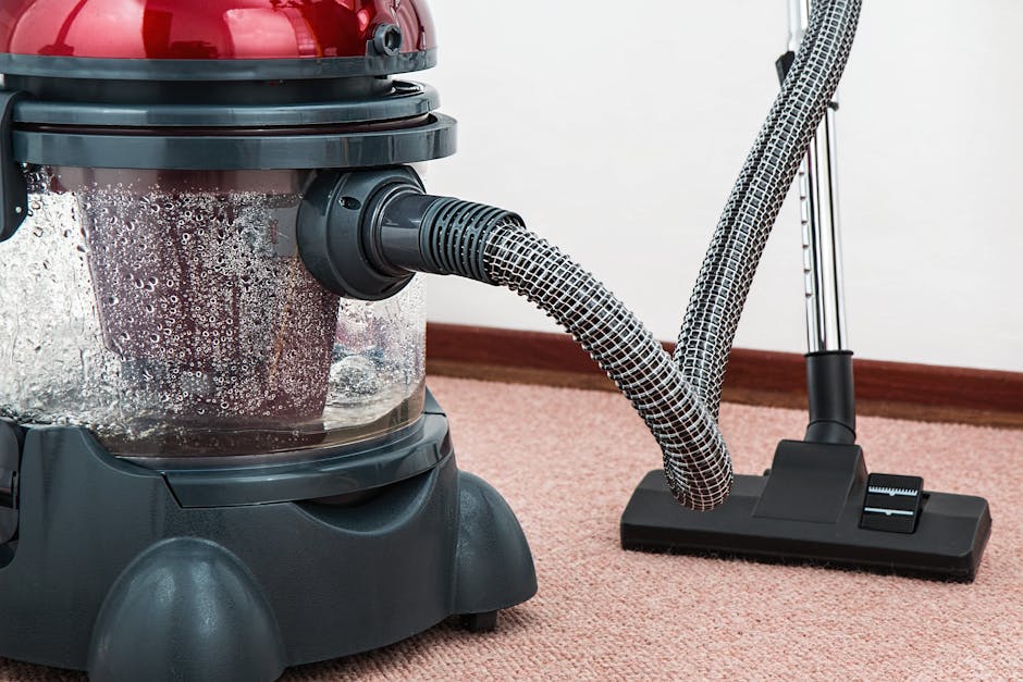 Close-up of a red and black vacuum cleaner with a transparent dust container filled with dust, connected to a flexible hose and a floor attachment. The vacuum is positioned on a beige carpet, with a wooden skirting board visible along the wall. The scene takes place in a well-lit room, emphasizing the process of surface cleaning or deep cleaning in a domestic setting. The equipment appears modern and well-maintained, with the vacuum’s hose and floor tool in contact with the carpet when functioning, highlighting hygienic surface maintenance as part of professional cleaning services offered by Carpet Cleaners Belgravia for period homes in Eaton Square.